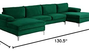 Sofamania Modern Large Velvet Fabric U-Shape Sectional Sofa, Double Extra Wide Chaise Lounge Couch, Green