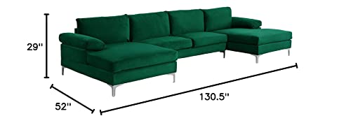 Sofamania Modern Large Velvet Fabric U-Shape Sectional Sofa, Double Extra Wide Chaise Lounge Couch, Green