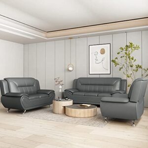 Container Furniture Direct Michael Modern Faux Leather Upholstered Stainless Steel Legs Living Room, Sofa, Sleek Gray