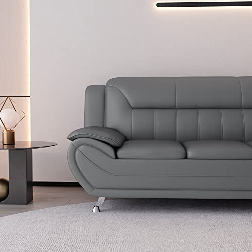 Container Furniture Direct Michael Modern Faux Leather Upholstered Stainless Steel Legs Living Room, Sofa, Sleek Gray