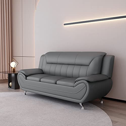 Container Furniture Direct Michael Modern Faux Leather Upholstered Stainless Steel Legs Living Room, Sofa, Sleek Gray