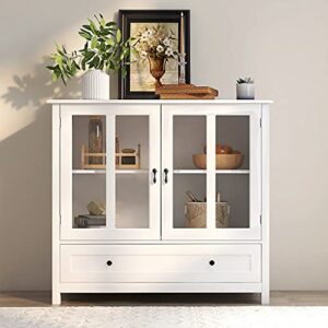 knocbel modern storage cabinet with metal handles, double glass doors, compartments and drawer, buffet sideboard for kitchen dining room hallway entryway, 41.4" l x 15.5" w x 35.4" h (white)