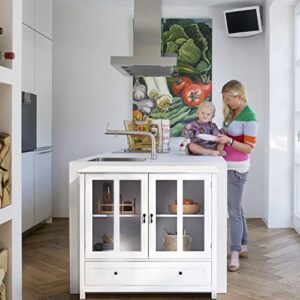 Knocbel Modern Storage Cabinet with Metal Handles, Double Glass Doors, Compartments and Drawer, Buffet Sideboard for Kitchen Dining Room Hallway Entryway, 41.4" L x 15.5" W x 35.4" H (White)