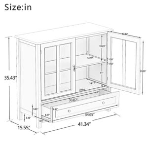 Knocbel Modern Storage Cabinet with Metal Handles, Double Glass Doors, Compartments and Drawer, Buffet Sideboard for Kitchen Dining Room Hallway Entryway, 41.4" L x 15.5" W x 35.4" H (White)