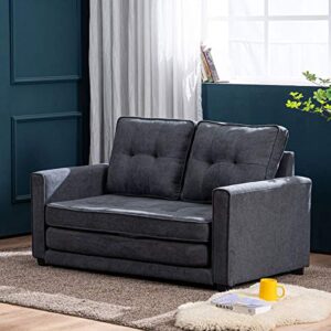 mellcom modern sofa bed mid-century upholstered fabric loveseat sofa folding recliner lounge futon couch for living room with 2 throw cushions,grey