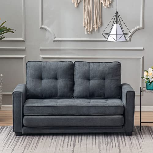 MELLCOM Modern Sofa Bed Mid-Century Upholstered Fabric Loveseat Sofa Folding Recliner Lounge Futon Couch for Living Room with 2 Throw Cushions,Grey
