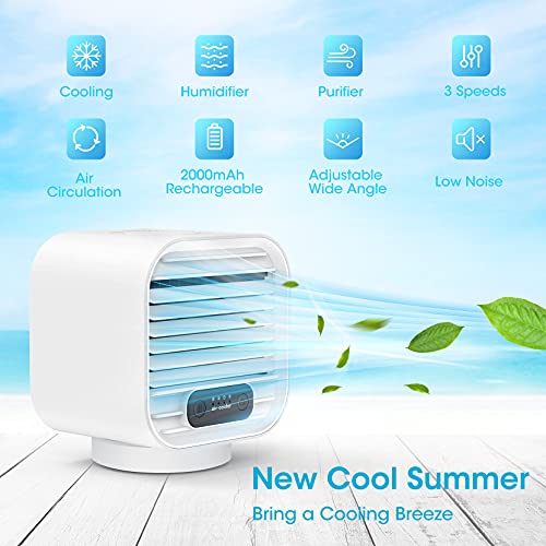 Viopic Personal Air Conditioner, 3 in1 Rechargeable 2000mAh Portable Air Conditioner Air Cooler, 100% Leakproof Design Evaporative Cooler Fan with 3 Speeds for Home and Office-with Water tank