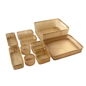 isaac jacobs 10-piece glitter plastic organizer (13.75” x 11.2” x 5.1”) set w/cut-out handles, multi-functional home storage, desk, office, bathroom, bedroom, closet, playroom (10-piece, gold)