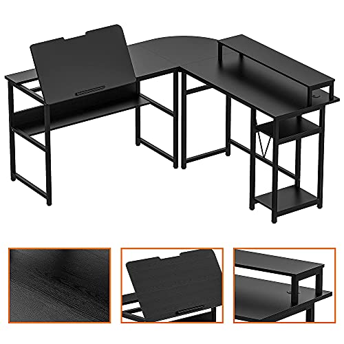 IRONCK L Shaped Desk Drafting Table with Storage Shelves, Corner Table with Tiltable Tabletop and Printer Monitor Shelf Multi-Usage Large Office Desk Workstation, Black