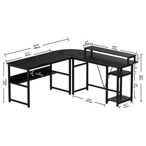 IRONCK L Shaped Desk Drafting Table with Storage Shelves, Corner Table with Tiltable Tabletop and Printer Monitor Shelf Multi-Usage Large Office Desk Workstation, Black