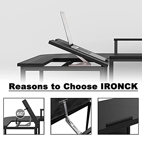 IRONCK L Shaped Desk Drafting Table with Storage Shelves, Corner Table with Tiltable Tabletop and Printer Monitor Shelf Multi-Usage Large Office Desk Workstation, Black