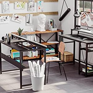 IRONCK L Shaped Desk Drafting Table with Storage Shelves, Corner Table with Tiltable Tabletop and Printer Monitor Shelf Multi-Usage Large Office Desk Workstation, Black