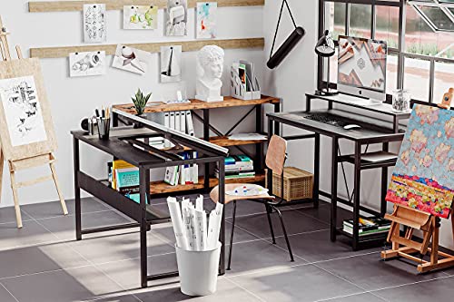 IRONCK L Shaped Desk Drafting Table with Storage Shelves, Corner Table with Tiltable Tabletop and Printer Monitor Shelf Multi-Usage Large Office Desk Workstation, Black