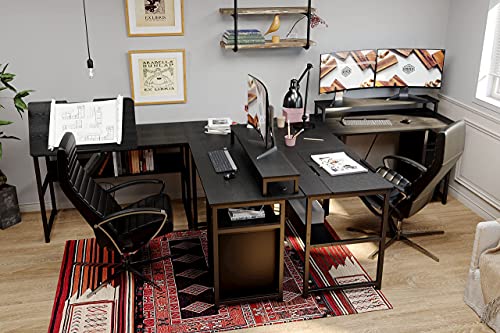 IRONCK L Shaped Desk Drafting Table with Storage Shelves, Corner Table with Tiltable Tabletop and Printer Monitor Shelf Multi-Usage Large Office Desk Workstation, Black