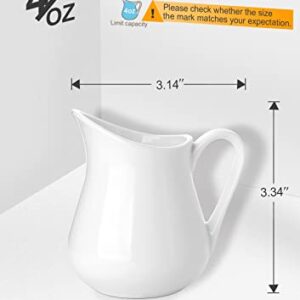 Nucookery 2 Pack (4 Oz) Classic White Fine Porcelain Creamer with Handle,Small Creamer Pitcher Set For Sauces Salad Coffee Milk More,Microwave & Freezer Safe (4-Ounce, Set/2)