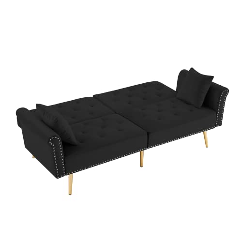 SZLIZCCC 76.7" Velvet Futon Sofa Bed, Copper Nail Decoration Accent Sofa, Convertible futon Couch, backrest can be Adjusted at Three Angles, Sleeper Sofa, Bed Size-Twin.(Black)