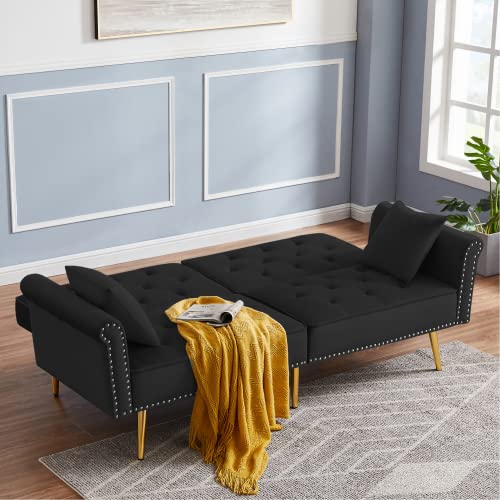 SZLIZCCC 76.7" Velvet Futon Sofa Bed, Copper Nail Decoration Accent Sofa, Convertible futon Couch, backrest can be Adjusted at Three Angles, Sleeper Sofa, Bed Size-Twin.(Black)