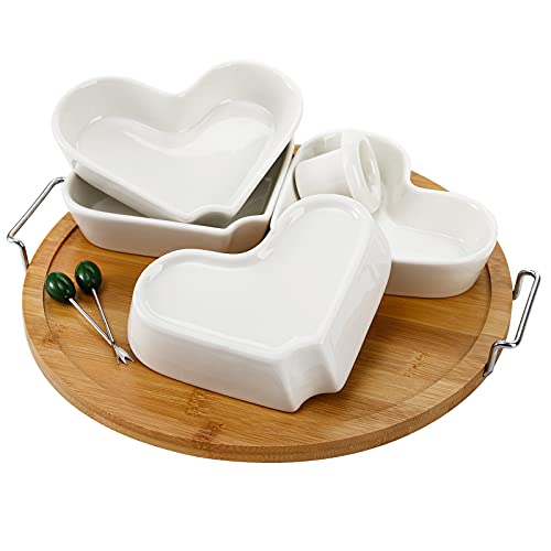 ZEAYEA Appetizer Serving Tray with Bamboo Holder, Ceramic Divided Serving Platter with Food Picks, Relish Tray for Chips and Dip, Veggies, Candy and Snacks, Parties, White