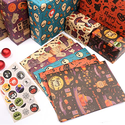 MAMUNU 12 Sheets Halloween Pattern Paper Set, 20×28In Kraft Favor Halloween Wrapping Paper with Sealing Stickers for Halloween Party Decoration DIY Crafting Art Projects