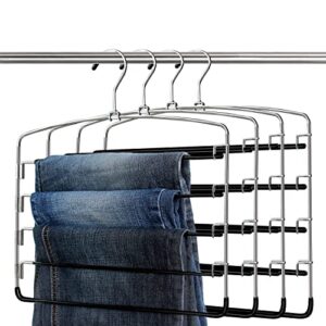 kleverise 2 pack pants hangers space saving, 5 layer tiered non-slip stainless steel pants hangers, multi-tier pants organizer hangers, swing arm space saver pants hangers for jeans trousers