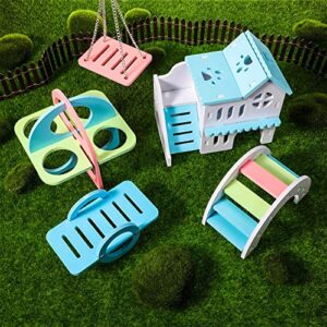 5 Pieces Hamster Toys Include Wooden Hamster House Guinea Pig Hideout Rainbow Bridge Hamster Seesaw Hamster Swing Hamster Exercise Circle Toy Suitable for Small Animals (Blue,6.3 x 3.93 x 5.5 Inch)