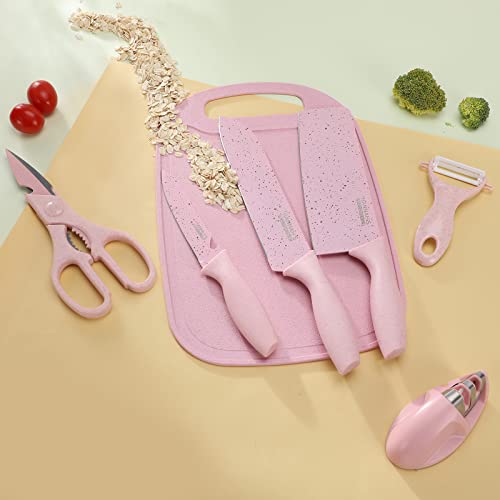 cute knife set includes 3 kitchen knives, ceramic peeler and multipurpose scissor, dishwasher safe, good for beginners