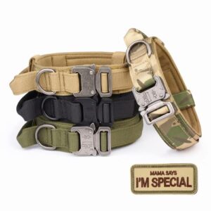 tactical dog collar - kcucop military dog collar with mama says i m special patch thick with handle k9 collar tactipup dog collars adjustable heavy duty metal buckle for m,l,xl dogs(black-l)