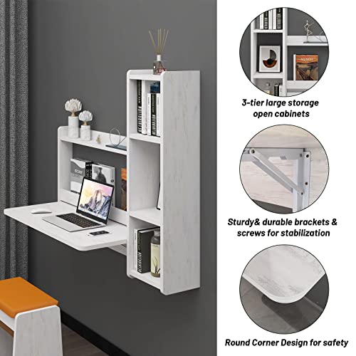 Pmnianhua Floating Desk,Wall Mounted Fold Down Wooden Laptop Computer Desk with Storage Shelves Folding Table Desk Workstation for Wall Bedroom Small Space (Gray-White (Right))