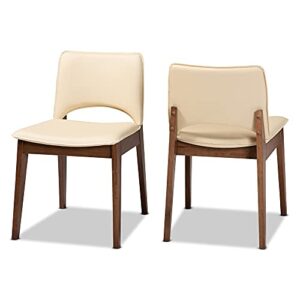 baxton studio afton dining chair set beige faux leather upholstered and walnut brown finished wood 2-piece dining chair set