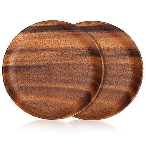 2 Pcs 10 Inch Acacia Wood Dinner Plates for Eating Wooden Round Charcuterie Boards Serving Platters for Food Dishes Cheese Tray Dessert Salad Plate Wood Charger Plates