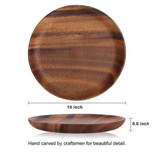 2 Pcs 10 Inch Acacia Wood Dinner Plates for Eating Wooden Round Charcuterie Boards Serving Platters for Food Dishes Cheese Tray Dessert Salad Plate Wood Charger Plates