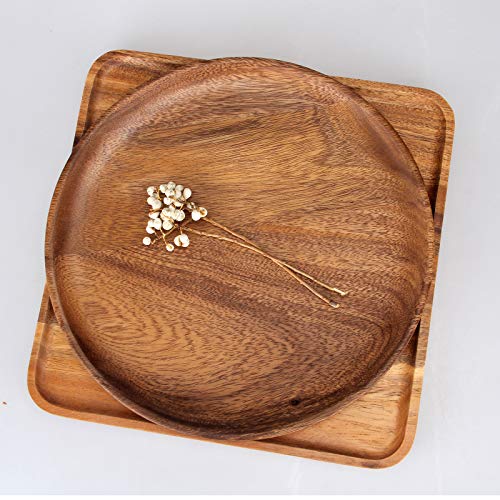 2 Pcs 10 Inch Acacia Wood Dinner Plates for Eating Wooden Round Charcuterie Boards Serving Platters for Food Dishes Cheese Tray Dessert Salad Plate Wood Charger Plates