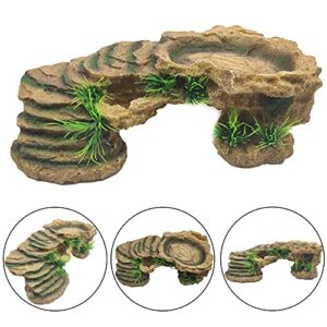 Hamiledyi Turtles Basking Platform 3Pcs Resin Bearded Dragons Climbing Step Ramp Tortoise Resting Dock Rock Hideout with Feeder Bowls for Reptile Lizards Chameleons Geckos Frogs Newts Snakes