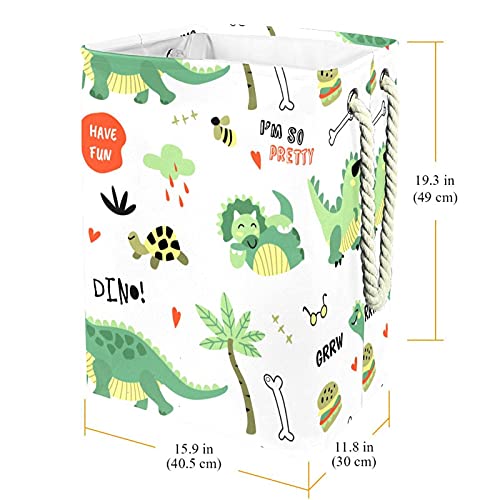 DEYYA Waterproof Laundry Baskets Tall Sturdy Foldable Green Dinosaurs Words Pattern Print Hamper for Adult Kids Teen Boys Girls in Bedrooms Bathroom