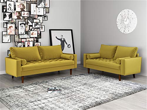 Container Furniture Direct Womble Modern Velvet Upholstered Living Room Diamond Tufted Chesterfield Sofa with Gleaming Nailheads, Textured Gold