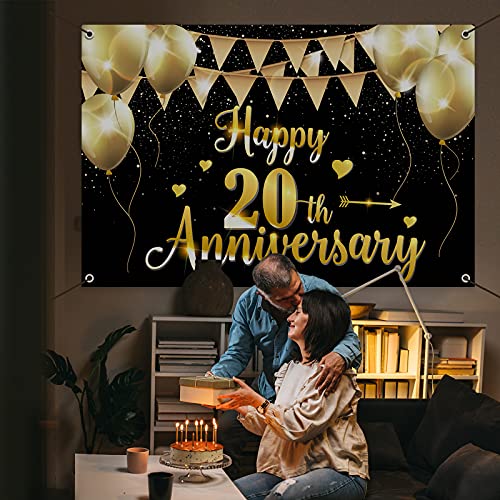 HAMIGAR 6x4ft Happy 20th Anniversary Banner Backdrop - 20 Wedding Anniversary Decorations Party Supplies - Black Gold