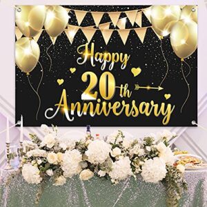 HAMIGAR 6x4ft Happy 20th Anniversary Banner Backdrop - 20 Wedding Anniversary Decorations Party Supplies - Black Gold