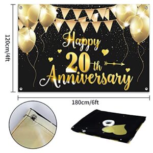 HAMIGAR 6x4ft Happy 20th Anniversary Banner Backdrop - 20 Wedding Anniversary Decorations Party Supplies - Black Gold