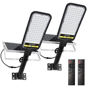 aponuo solar street lights 2 packs,100w solar street light outdoor dusk to dawn lamp 98 leds 7000k motion sensor light with remote control pole security led flood light for yard, patio