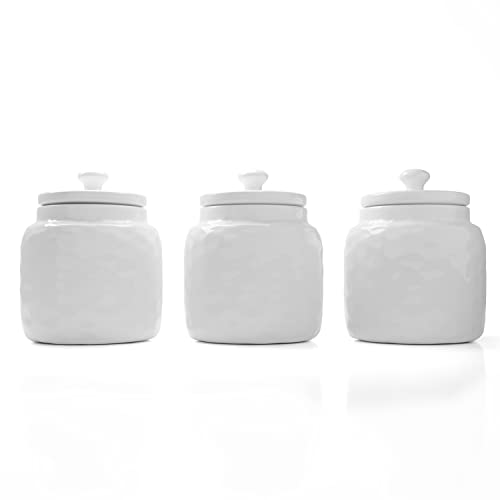 Barnyard Designs S/3 Ceramic Bathroom Canisters, Apothecary Jars with Lid, Qtip Holder Bathroom Set Cotton Ball Holder Jar for Bathroom Storage, Decorative Bathroom Jar with Lid, Spa Decor, 4x5, White