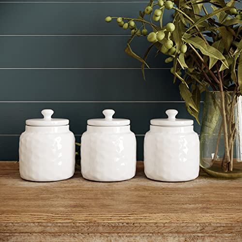 Barnyard Designs S/3 Ceramic Bathroom Canisters, Apothecary Jars with Lid, Qtip Holder Bathroom Set Cotton Ball Holder Jar for Bathroom Storage, Decorative Bathroom Jar with Lid, Spa Decor, 4x5, White