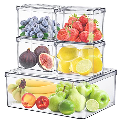 Set of 5 Fridge Organizer Bins Plastic Freezer Refrigerator Pantry Organizer Food Storage Box Container for Cabinet, Countertops, Cupboard, Kitchen Pantry Organization and Storage