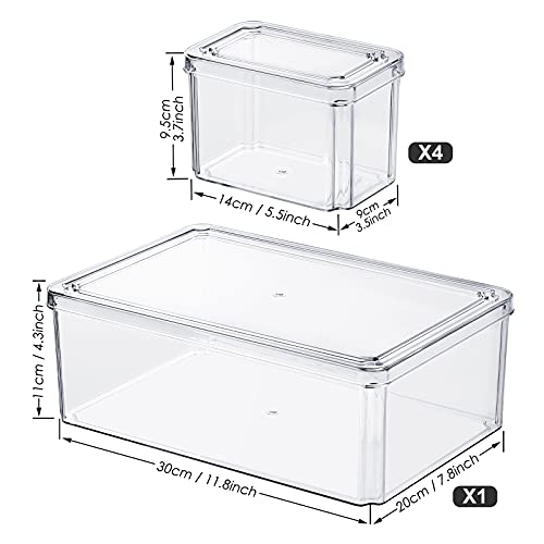 Set of 5 Fridge Organizer Bins Plastic Freezer Refrigerator Pantry Organizer Food Storage Box Container for Cabinet, Countertops, Cupboard, Kitchen Pantry Organization and Storage