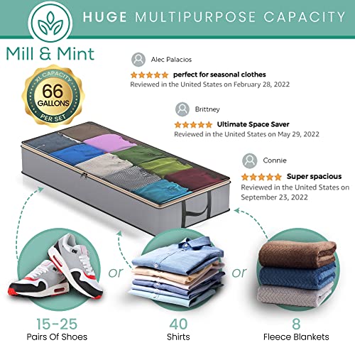 Mill & Mint – 3 Underbed Storage Bags + 1 Organizer Tote– Foldable, Large Under Bed Storage Containers for Clothes, Blankets, Shoes & Toys, Gray