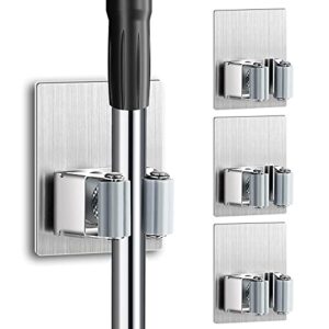 bowdanie 4 pcs broom holder wall mount - mop holder self adhesive broom hanger stainless steel for home garage garden laundry room storage