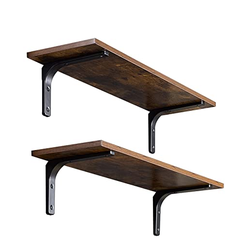 DINZI LVJ Long Wall Shelves, 31.5 Inch Wall Mounted Shelves Set of 2, Easy-to-Install, Wall Storage Ledges with Sturdy Metal Brackets for Living Room, Bathroom, Bedroom, Kitchen, Rustic Brown