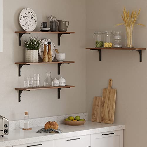 DINZI LVJ Long Wall Shelves, 31.5 Inch Wall Mounted Shelves Set of 2, Easy-to-Install, Wall Storage Ledges with Sturdy Metal Brackets for Living Room, Bathroom, Bedroom, Kitchen, Rustic Brown
