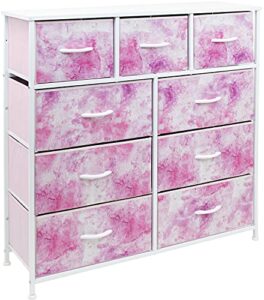 sorbus kids dresser with 9 drawers - furniture storage chest tower unit for bedroom, hallway, closet, office organization - steel frame, wood top, tie-dye fabric bins (pink, tie-dye)