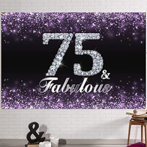 hamigar 6x4ft happy 75th birthday banner backdrop - 75 & fabulous birthday decorations party supplies for women - purple