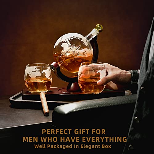 Father's Day Gifts for Men Dad, Unique Anniversary Birthday Gift for Him Husband Boyfriend Groomsmen, Globe Decanter Set with 2 Glasses, Wedding Bourbon Liquor Scotch Cool Stuff Presents for Brother